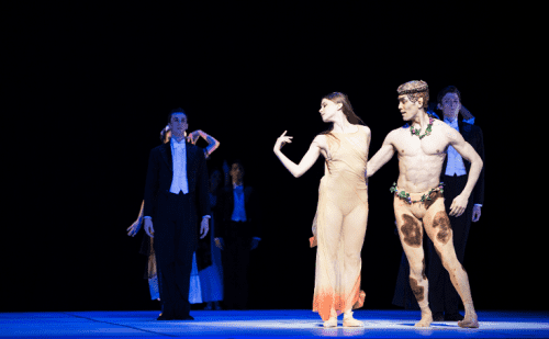 Keiichi Hirano and Elena Lobsanova with Artists of the Ballet in Nijinsky. Photo by Cylla von Tiedemann. (The Faun) 