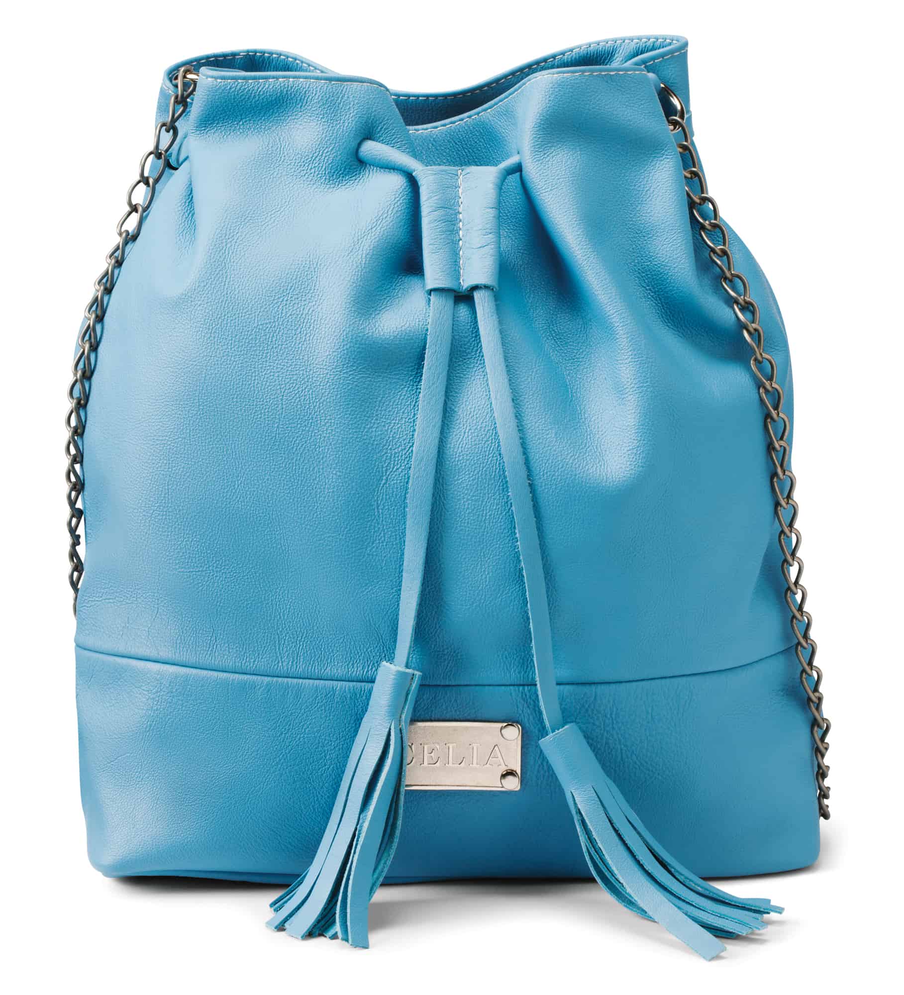 Medium cornflower blue leather drawstring bucket purse $250 by Lia Walker