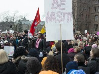 TORONTO, ON: Women's March Toronto. Saturday January 20th 2017. Queen's Park followed by March to US Consulate followed by City Hall. Speakers and musicians present. 50,000 + people in attendance. Photos by Solana Cain