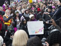 TORONTO, ON: Women's March Toronto. Saturday January 20th 2017. Queen's Park followed by March to US Consulate followed by City Hall. Speakers and musicians present. 50,000 + people in attendance. Photos by Solana Cain
