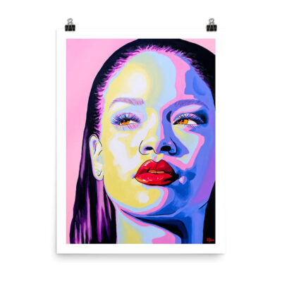 A pop art painting of Rihanna wearing red lipstick