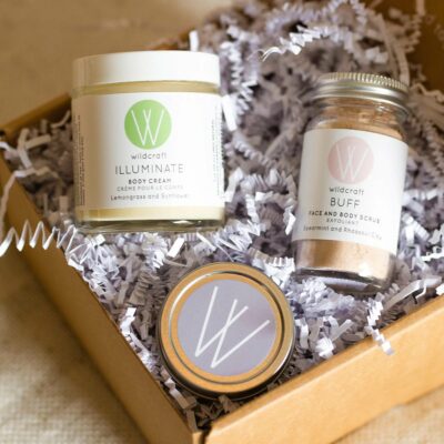 The three products in the Winter Warrior Set, including the salve, body cream and scrub